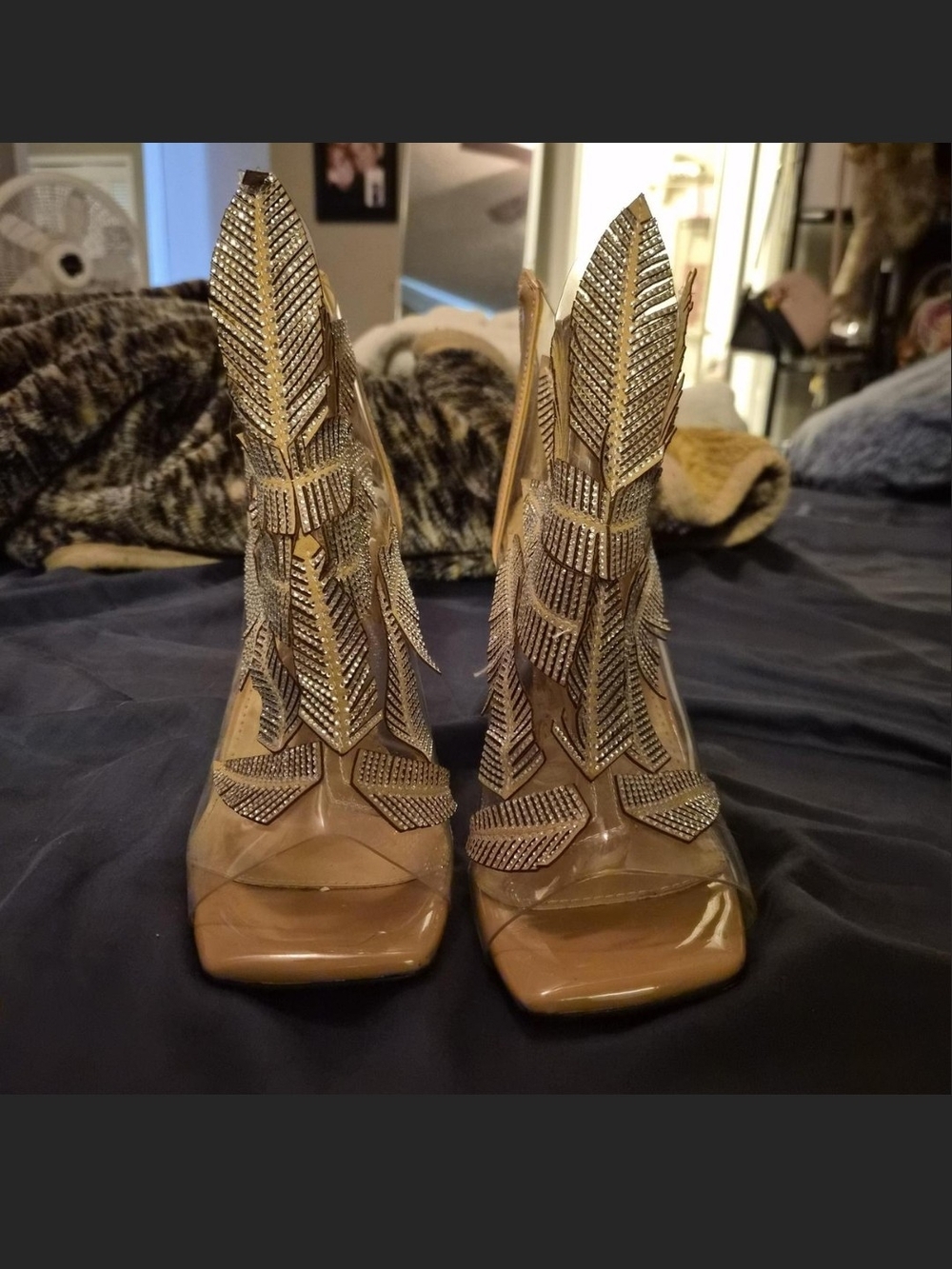 Tan High Heel Sandals with Metallic Feather Embellishments